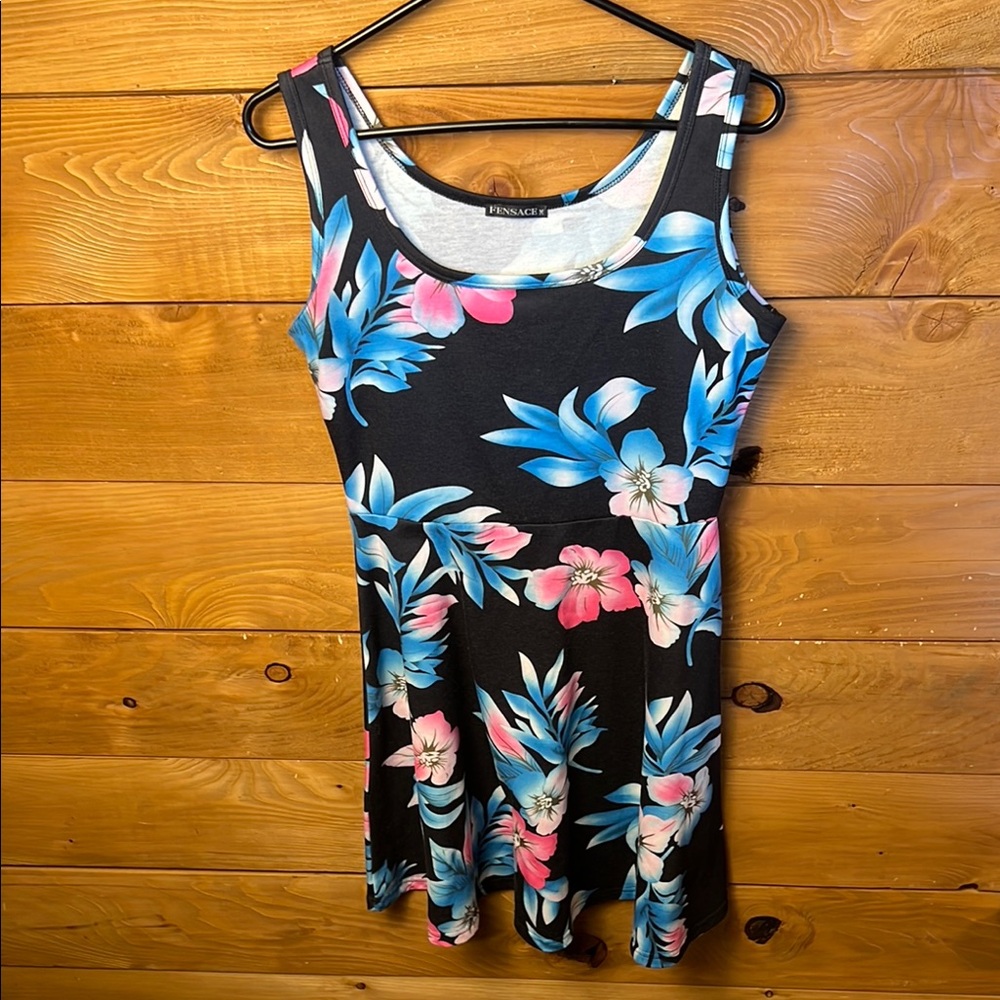 Fensace Women’s Floral Sleeveless Dress Blue Pink Accents Mini Summer A-Line U2K